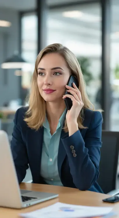 ZenithCall:  A woman uses ZenithCall on her mobile phone while working at her desk, highlighting the platform's accessibility and seamless integration with business workflows.