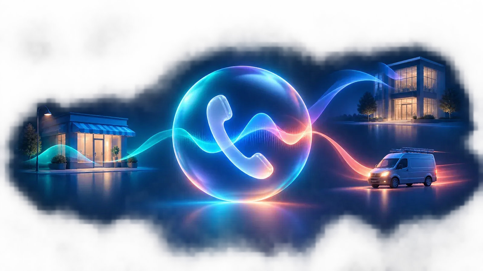 A luminous call signal connecting a storefront, an office and a field-service business.
