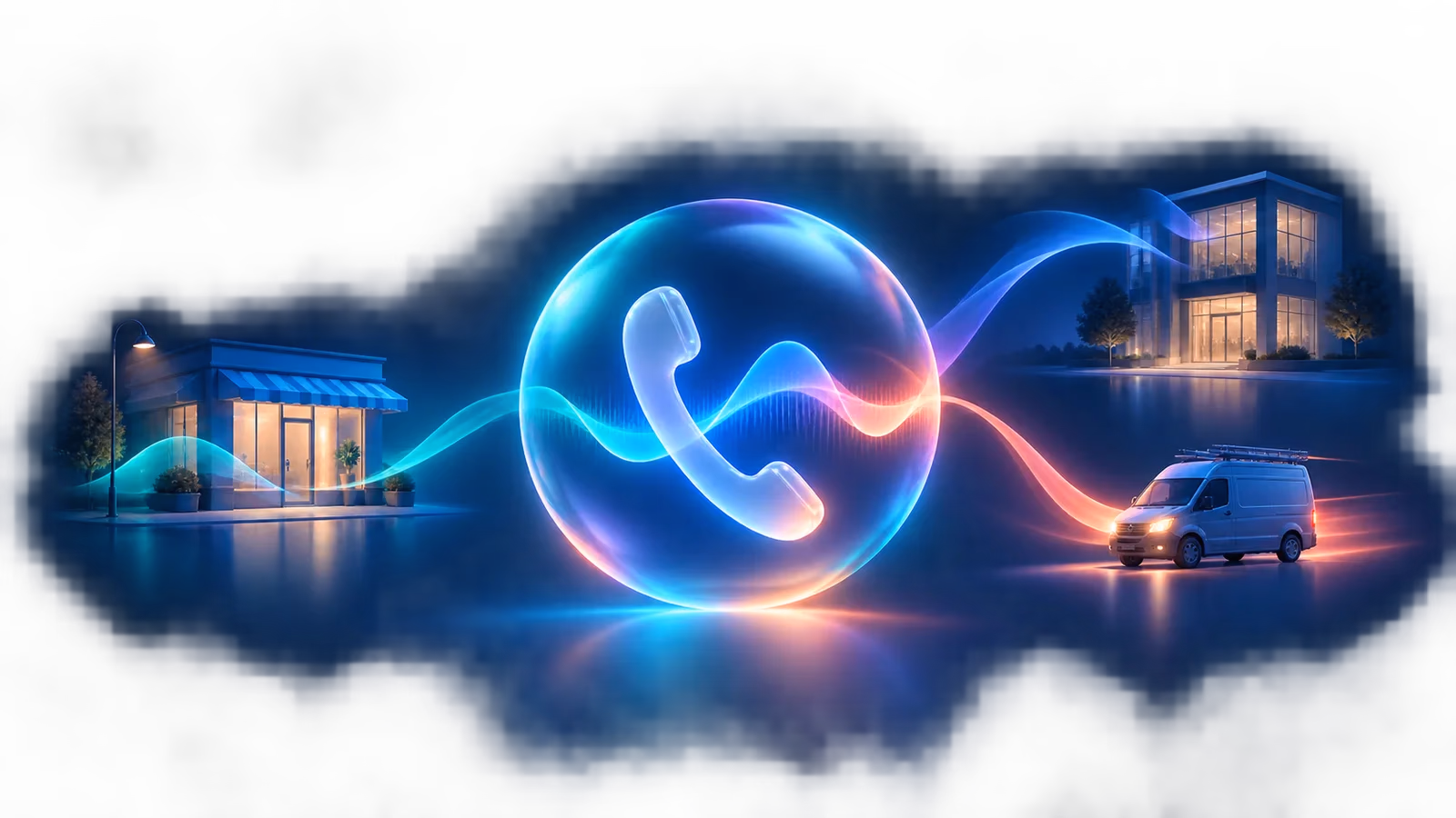 A luminous call signal connecting a storefront, an office and a field-service business.