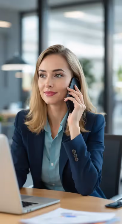 ZenithCall: A woman uses ZenithCall on her mobile phone while working at her desk, highlighting the platform's accessibility and seamless integration with business workflows.